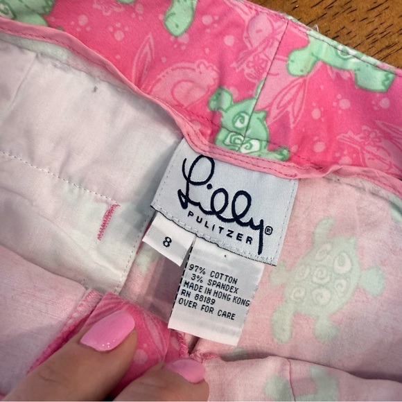 Vintage Lilly Pulitzer "Tortoise and Hare" Pink & Green Turtle Cropped Pants 8 - Picture 2 of 8